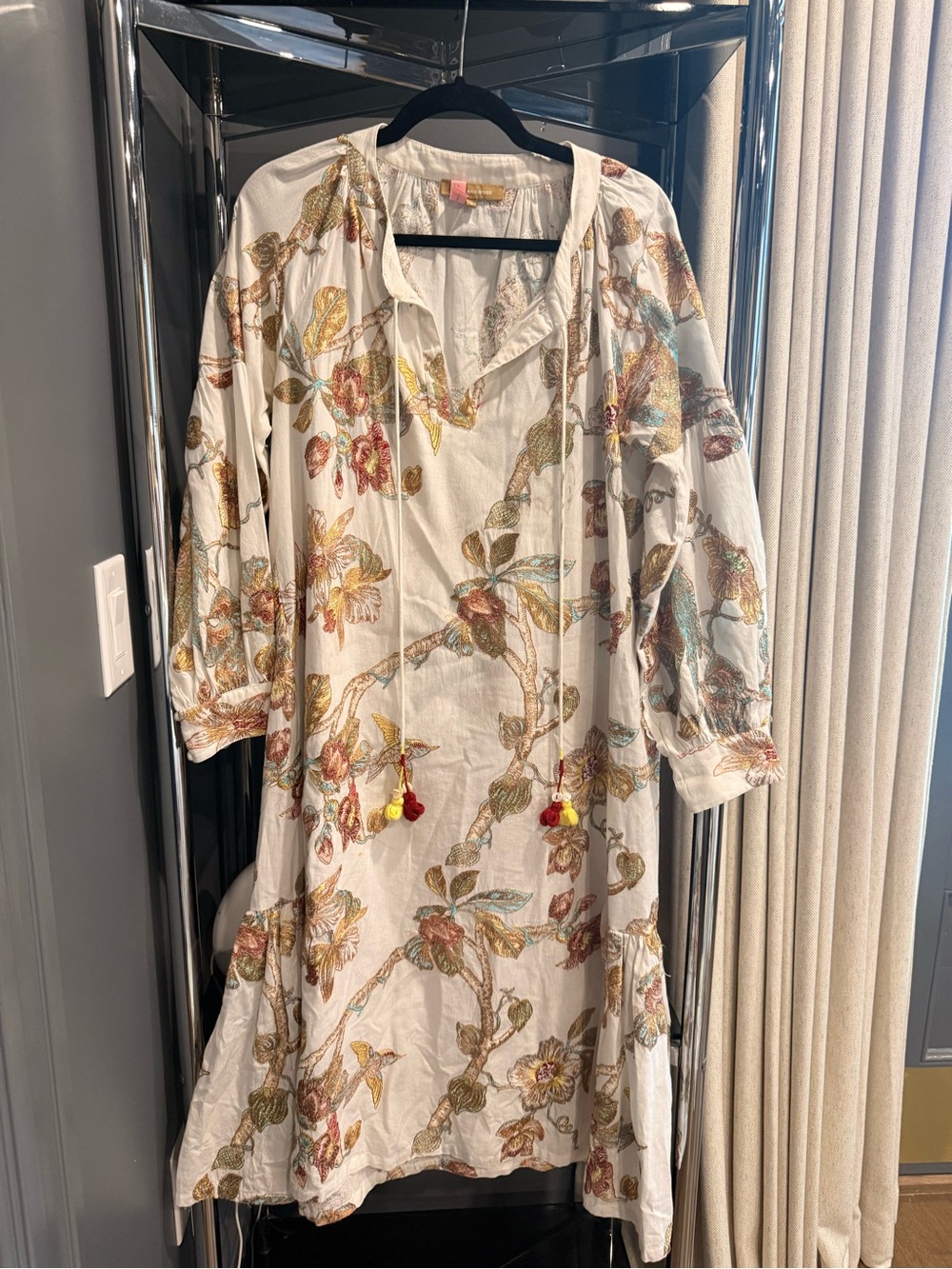 White Floral Boho Tunic Dress with Tassel Ties